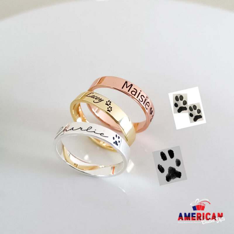 Actual Pet Paw Print Ring, Personalized Pet Name Ring, Custom Dog Paw Ring, Pet Memorial Gift, Gift for Pet Lover, Cat Paw Ring