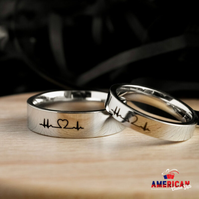 Couple Rings Heart Cardiogram, Personalized His and Hers gift, Matching custom ring set